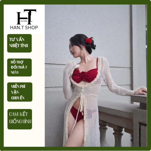 Đồ Bơi, Bikini áo bơi có mút kèm  BÔNG ĐỎ áo khoác ren dài vải chuẩn hình sang chảnh ,HAN.T Shop 011