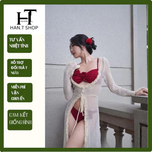 Đồ Bơi, Bikini áo bơi có mút kèm BÔNG ĐỎ áo khoác ren dài vải chuẩn hình sang chảnh ,HAN.T Shop 011