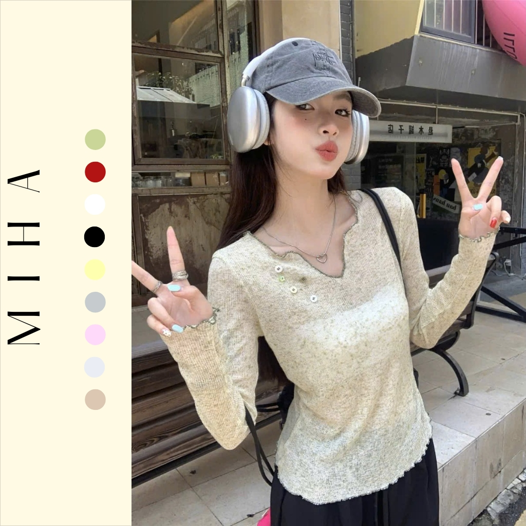 Áo thun dài tay thu đông chất vải len dệt cổ V Miha Studio
