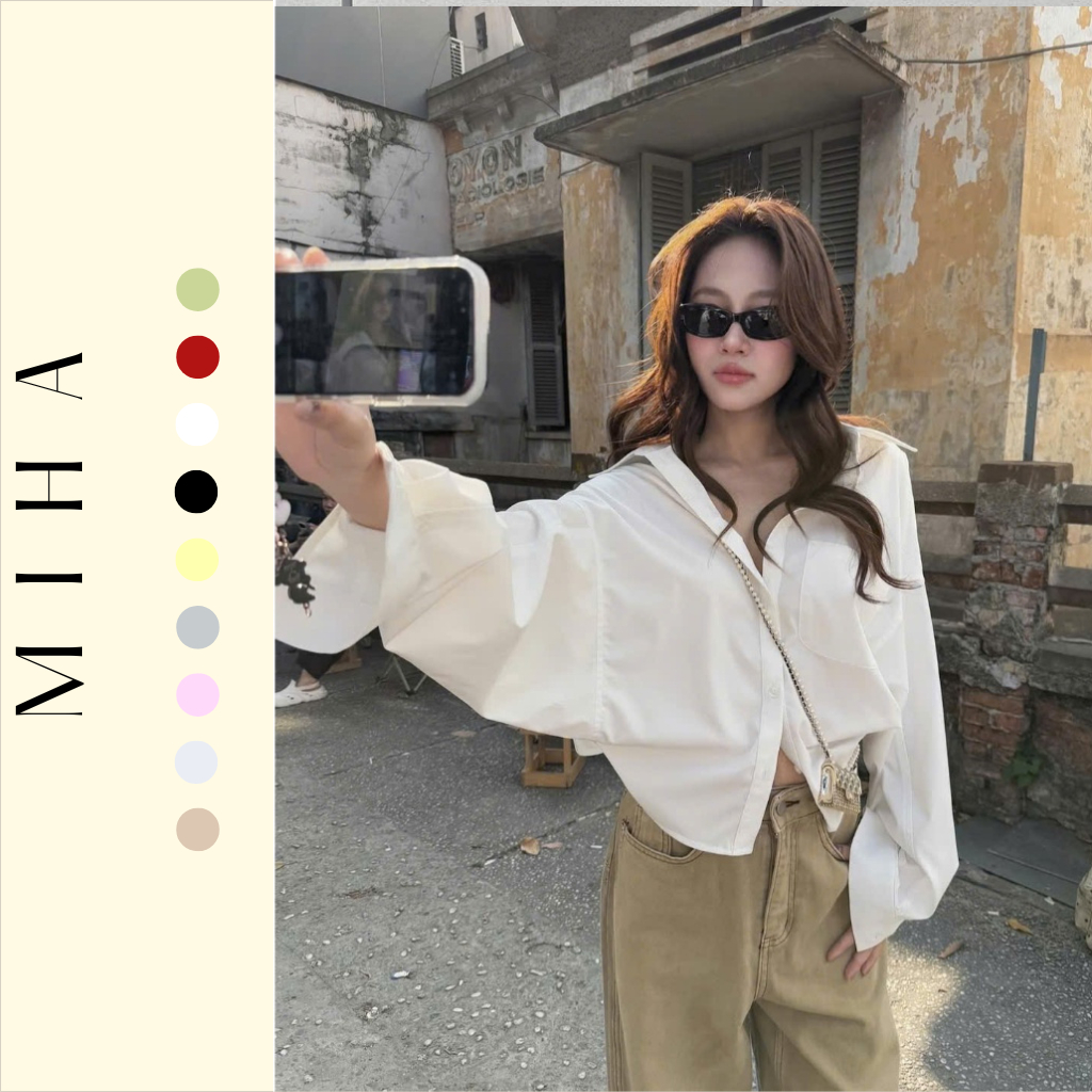 Áo Sơ Mi Croptop Dáng Rộng, Áo Somi Kiểu Dây Buộc Lưng Tay Rộng Chất Vải Thô Nến Miha Studio