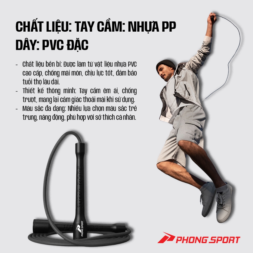 Dây nhảy tốc độ Phongsport chất liệu PVC 6mm, Tập thể lực, Cadio tại nhà AMIZIN
