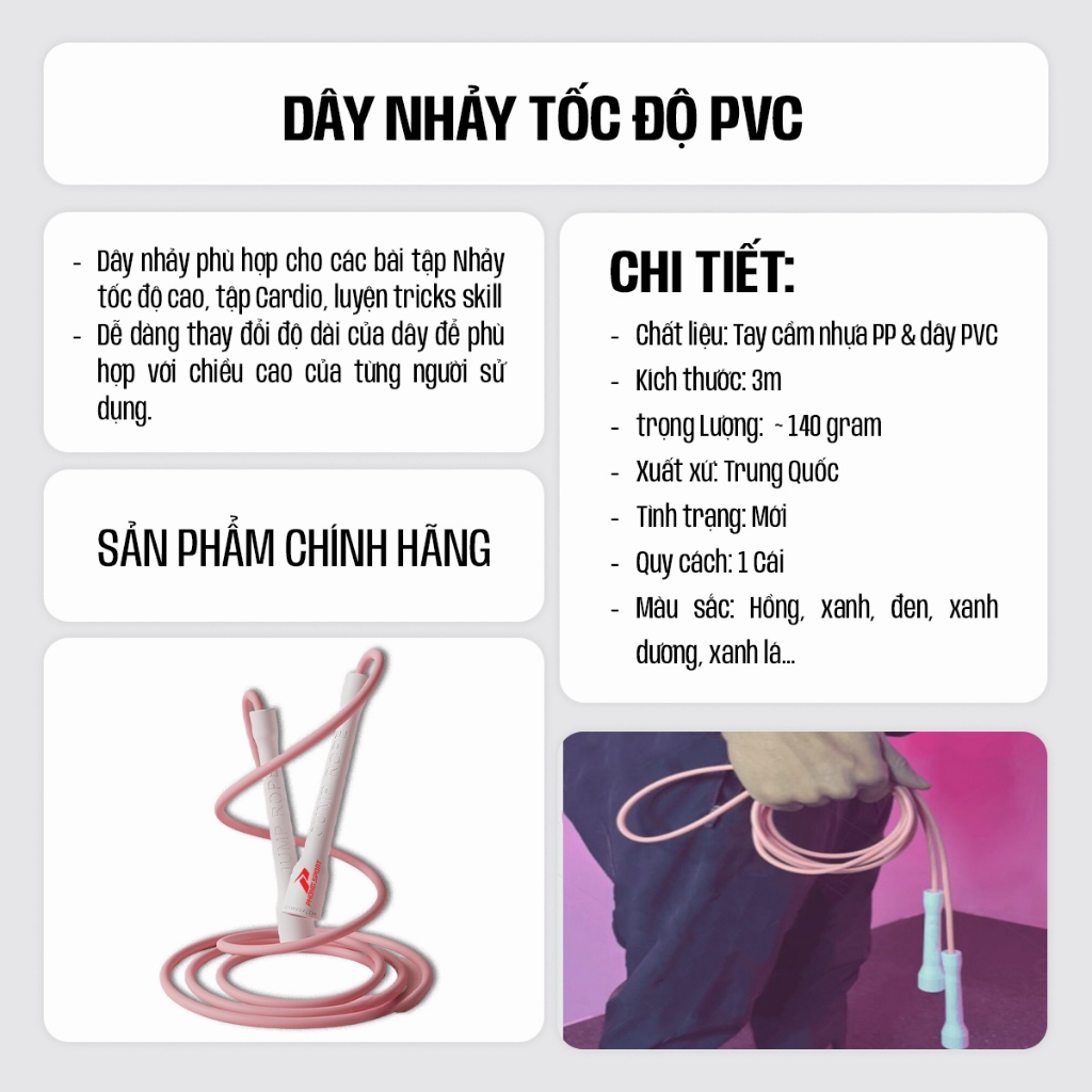Dây nhảy tốc độ Phongsport chất liệu PVC 6mm, Tập thể lực, Cadio tại nhà AMIZIN