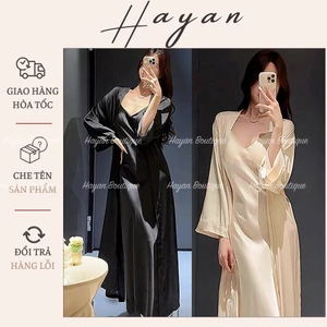 HT837 Set váy ngủ và áo choàng tay loe cổ xẻ tiểu thư dáng dài sang chảnh tôn dáng HT837