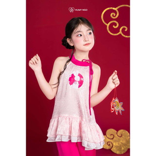 [HUMYNGO] - Set áo yếm kèm quần trung thu vải lụa gấm họa tiết Thỏ Ngọc cho bé gái 11-28kg [S166]
