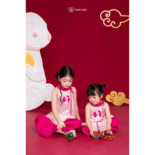 [HUMYNGO] - Set áo yếm kèm quần trung thu vải lụa gấm họa tiết Thỏ Ngọc cho bé gái 11-28kg [S166]