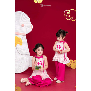 [HUMYNGO] - Set áo yếm kèm quần trung thu vải lụa gấm họa tiết Thỏ Ngọc cho bé gái 11-28kg [S166]