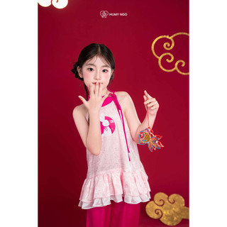 [HUMYNGO] - Set áo yếm kèm quần trung thu vải lụa gấm họa tiết Thỏ Ngọc cho bé gái 11-28kg [S166]