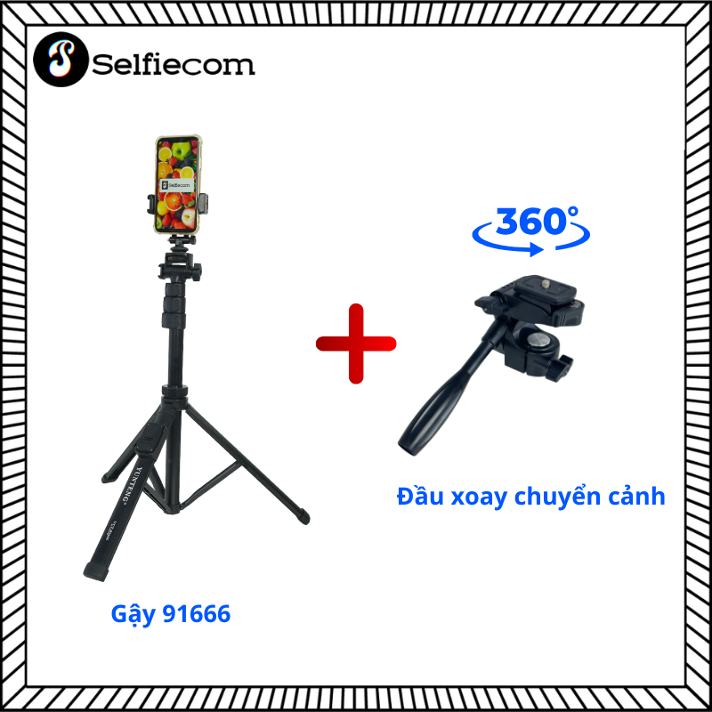 Combo Gậy Selfie Yunteng VCT-91666 + Đầu Tripod Yunteng-190PH – Xoay 360°, Lia Máy Mượt Như Tripod Chuyên Nghiệp