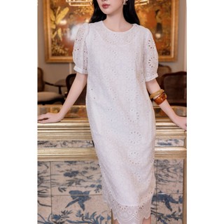 SWANLAKE | Váy Đầm Ren Nữ Suông Vải Cotton Thêu Đục Lỗ Lót Thun Tay Lỡ Phồng Công Sở Có Túi D12481