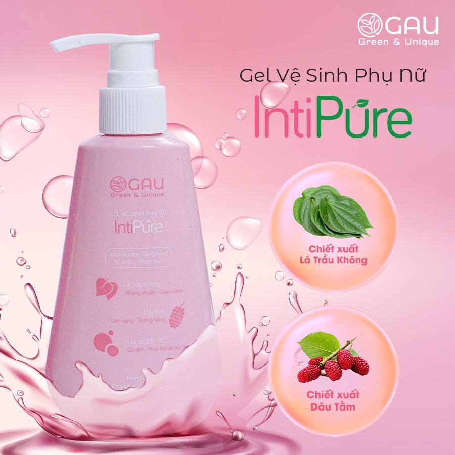 Dung dịch GEL Vệ Sinh Phụ Nữ Thiên Nhiên Trầu Không - Dâu Tằm GAU INTIPURE 150ml Sạch Hồng-Thơm lâu