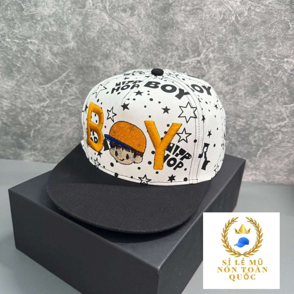 Mũ hip hop cho bé trai 4-9 tuổi - Nón snapback hoạ tiết in phối thêu BOY thời trang cho bé cực đẹp