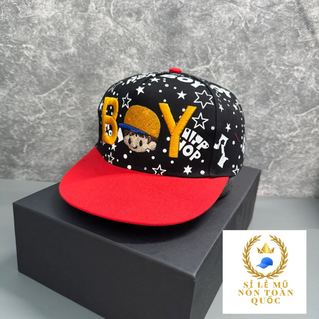 Mũ hip hop cho bé trai 4-9 tuổi - Nón snapback hoạ tiết in phối thêu BOY thời trang cho bé cực đẹp