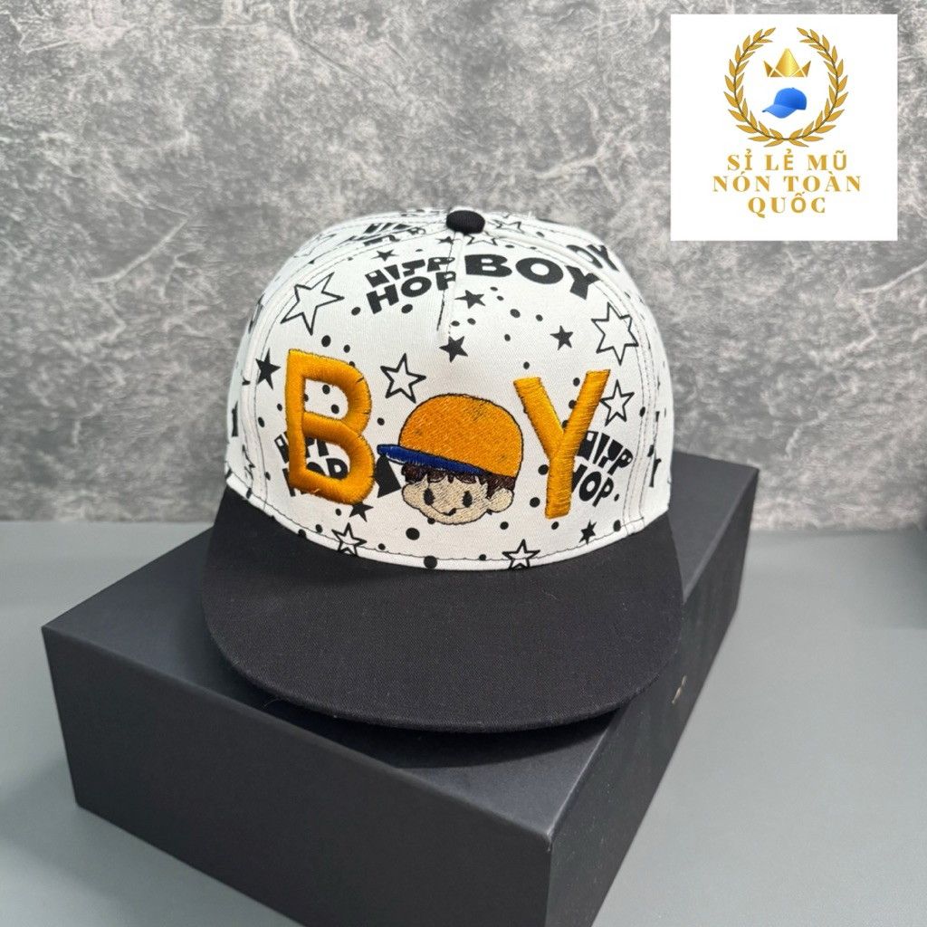 Mũ hip hop cho bé trai 4-9 tuổi - Nón snapback hoạ tiết in phối thêu BOY thời trang cho bé cực đẹp