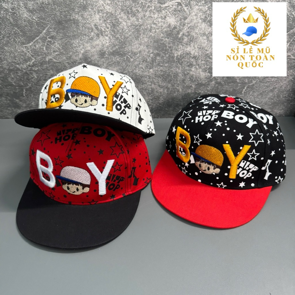 Mũ hip hop cho bé trai 4-9 tuổi - Nón snapback hoạ tiết in phối thêu BOY thời trang cho bé cực đẹp