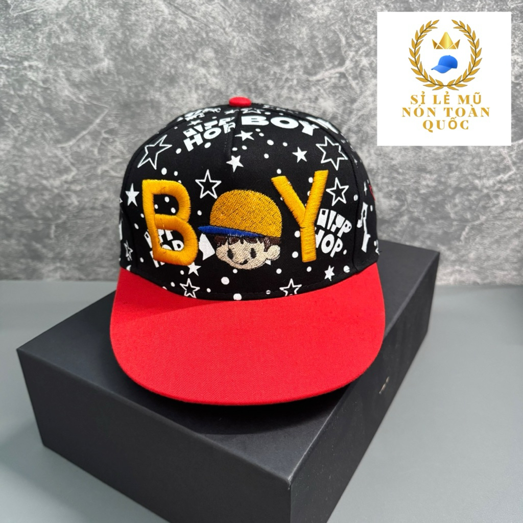 Mũ hip hop cho bé trai 4-9 tuổi - Nón snapback hoạ tiết in phối thêu BOY thời trang cho bé cực đẹp