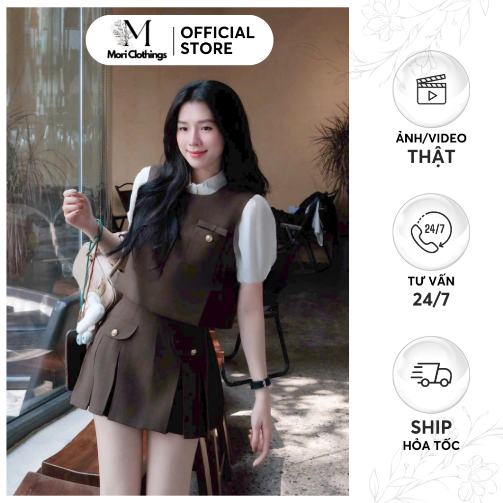 Set Áo Gile Không Tay Phối Sơ Mi Tay Bồng Kèm Chân Váy Xếp Ly Thanh Lịch Thời Trang Nữ N301 | MORI CLOTHINGS
