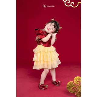 [TẶNG KÈM NƠ CÀI VÁY] - Váy trung thu cho bé gái HUMYNGO tone đỏ nổi bật - Chất gấm cao cấp phối voan mềm [V171]