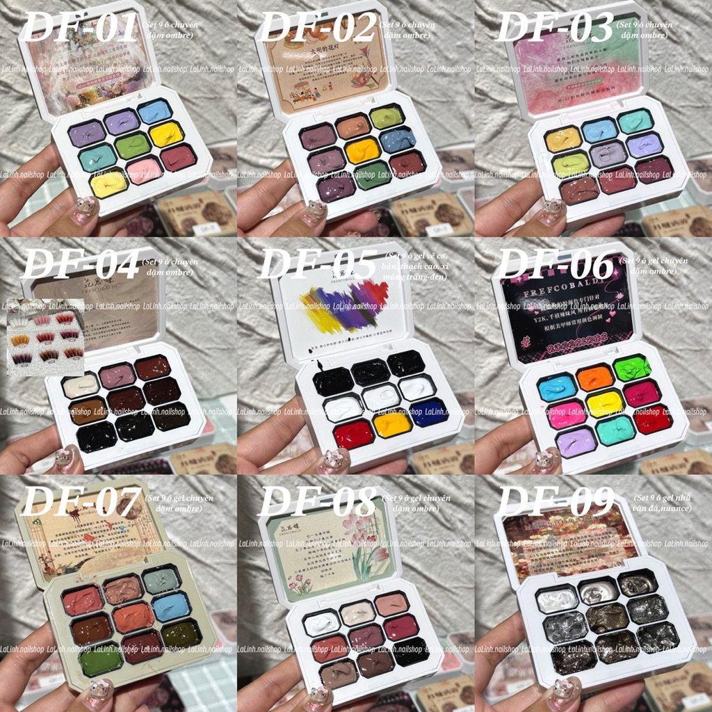 [TỔNG HỢP] Set gel 9 ô dặm ombre, thạch cao, nhũ, ngũ cốc Frescobaldi Qingyou Mocmaki laLinh
