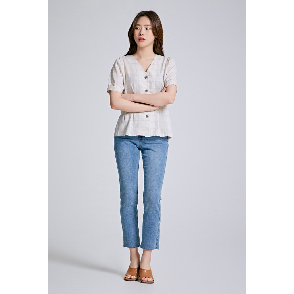 SPAO ÁO NỮ TAY PHỒNG CỔ TIM SỌC BE (250727025)
