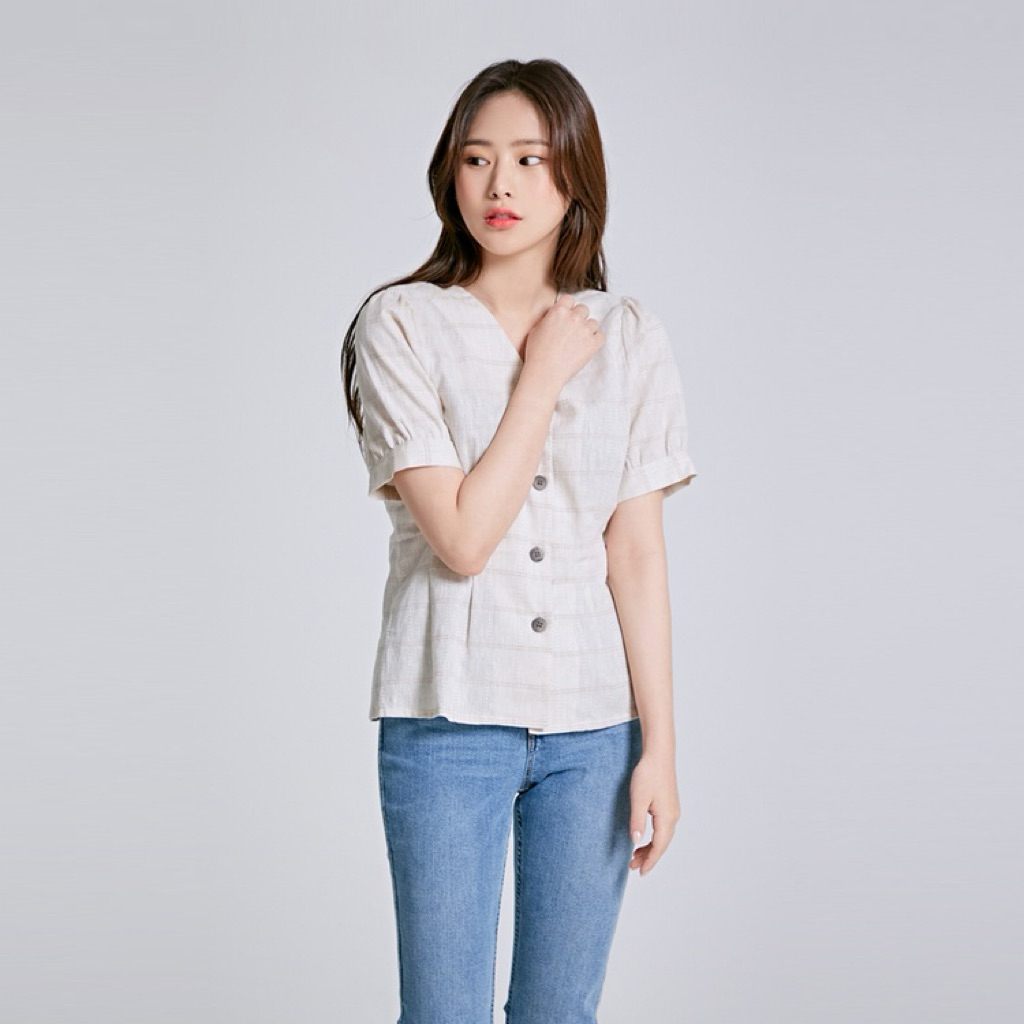 SPAO ÁO NỮ TAY PHỒNG CỔ TIM SỌC BE (250727025)