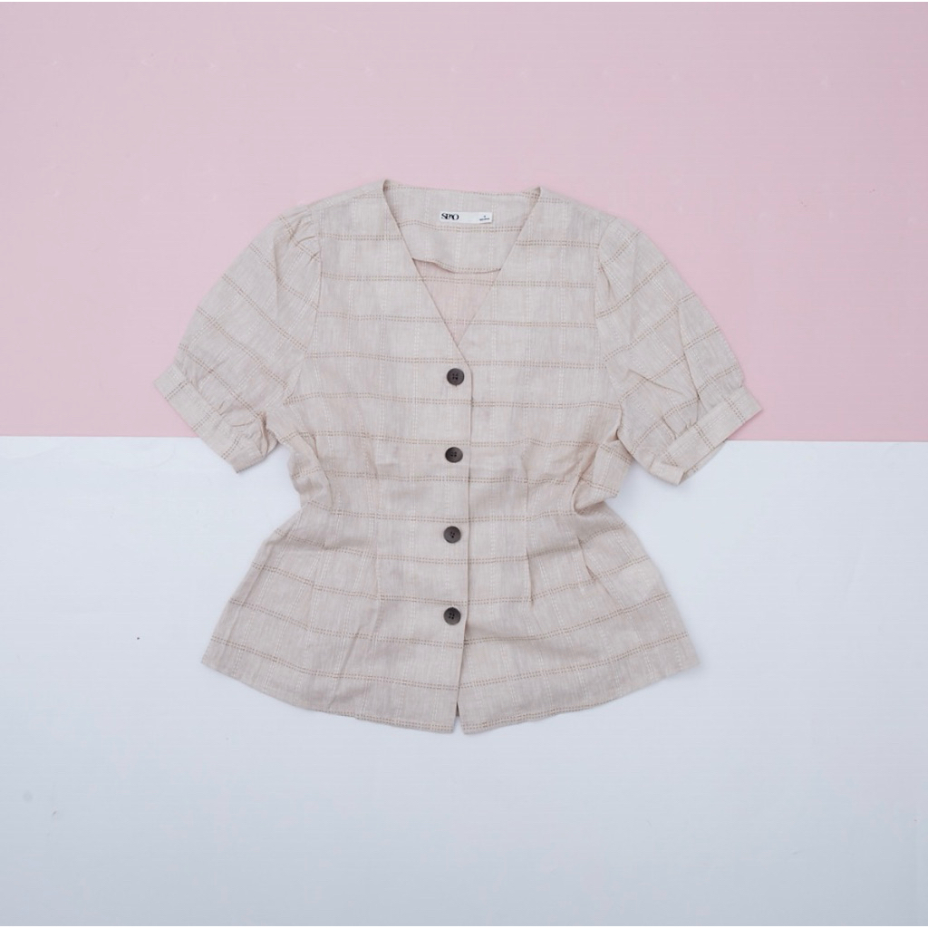 SPAO ÁO NỮ TAY PHỒNG CỔ TIM SỌC BE (250727025)