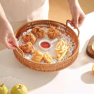 Khay nhựa tròn giả mây có quai gỗ cầm tay  đựng hoa quả, bánh kẹo