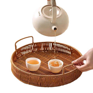 Khay nhựa tròn giả mây có quai gỗ cầm tay  đựng hoa quả, bánh kẹo