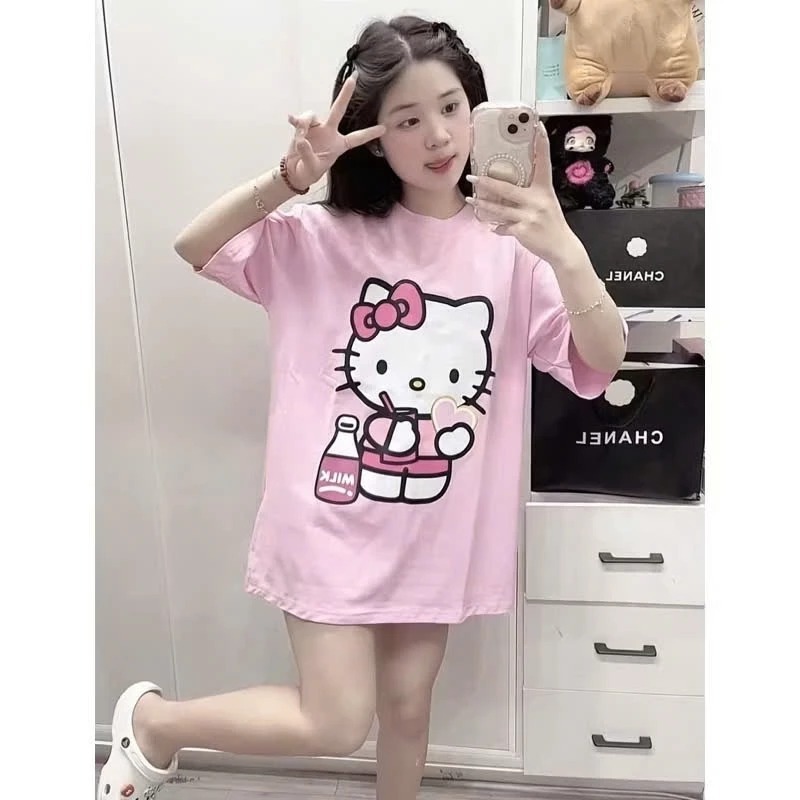 Áo thun tay lỡ nam nữ in hình Mèo Milk uống sữa siêu xinh from rộng 65kg