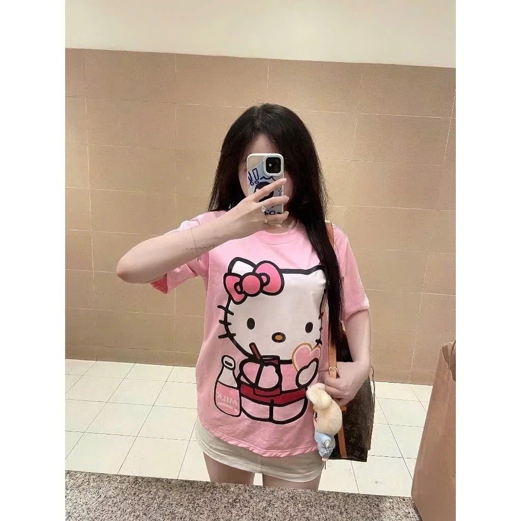 Áo thun tay lỡ nam nữ in hình Mèo Milk uống sữa siêu xinh from rộng 65kg