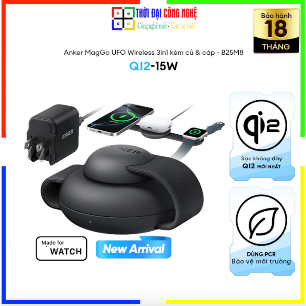 Đế sạc Anker B25M8 MagGo UFO 1C 15W (3-in-1, Foldable Pad, with Adapter and USB-C cable) - Bảo hành 18 tháng 1 đổi 1.