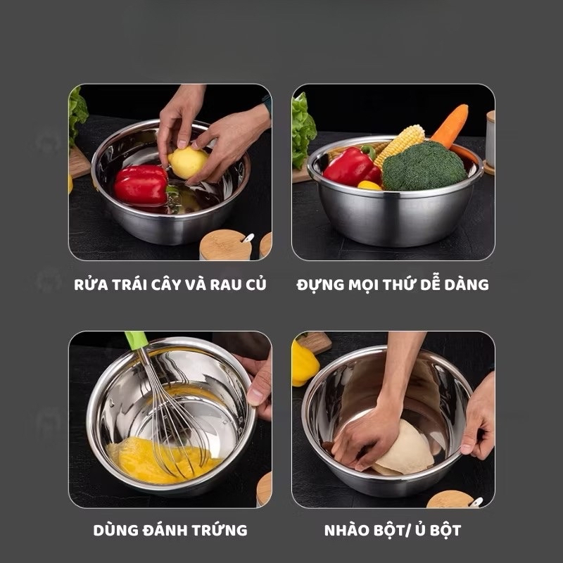 Combo 5 thau Inox 304 đủ size 20,22,24,26,28 cm. Đựng rau quả, thực phẩm, Hàng loại 1