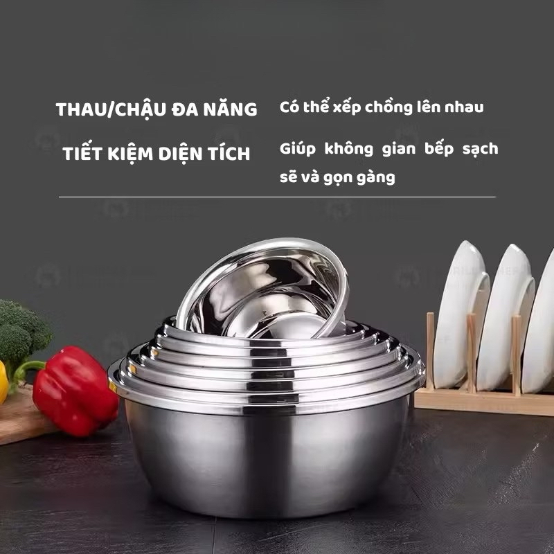 Combo 5 thau Inox 304 đủ size 20,22,24,26,28 cm. Đựng rau quả, thực phẩm, Hàng loại 1