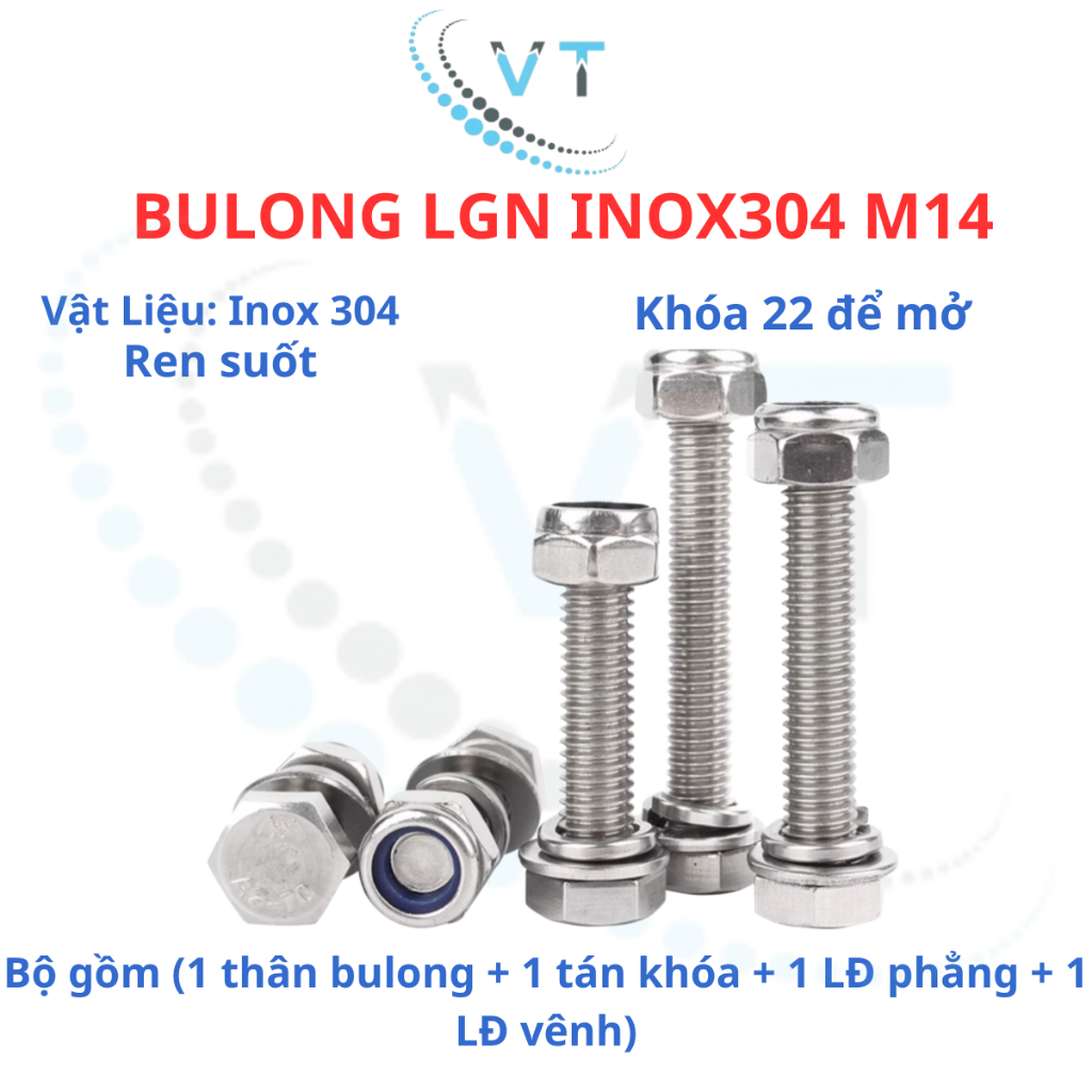Bulong LGN inox304 M14 (vặn cờ lê 22) dài 30mm - 200mm. 1 bộ (1 bulong + 1 tán khóa +1 LĐ phẳng + 1 LĐ vênh)