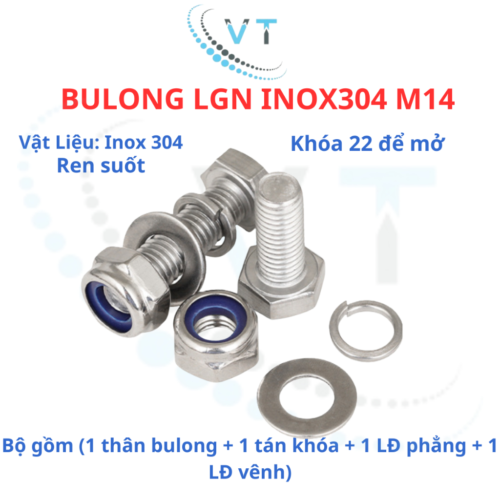Bulong LGN inox304 M14 (vặn cờ lê 22) dài 30mm - 200mm. 1 bộ (1 bulong + 1 tán khóa +1 LĐ phẳng + 1 LĐ vênh)