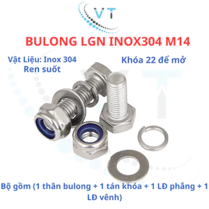Bulong LGN inox304 M14 (vặn cờ lê 22) dài 30mm - 200mm. 1 bộ (1 bulong + 1 tán khóa +1 LĐ phẳng + 1 LĐ vênh)