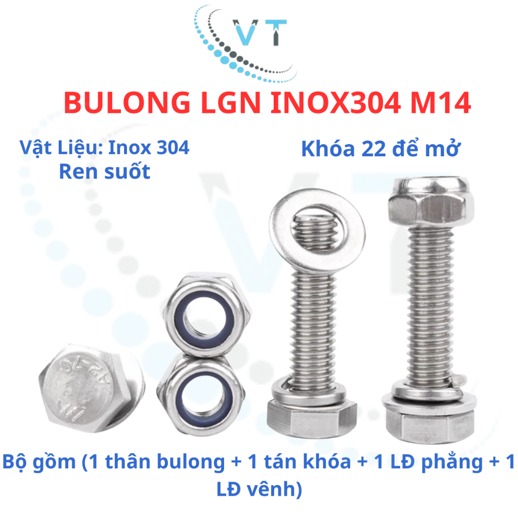 Bulong LGN inox304 M14 (vặn cờ lê 22) dài 30mm - 200mm. 1 bộ (1 bulong + 1 tán khóa +1 LĐ phẳng + 1 LĐ vênh)