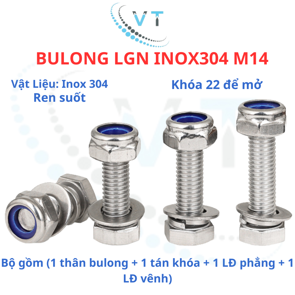 Bulong LGN inox304 M14 (vặn cờ lê 22) dài 30mm - 200mm. 1 bộ (1 bulong + 1 tán khóa +1 LĐ phẳng + 1 LĐ vênh)