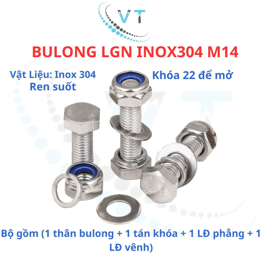 Bulong LGN inox304 M14 (vặn cờ lê 22) dài 30mm - 200mm. 1 bộ (1 bulong + 1 tán khóa +1 LĐ phẳng + 1 LĐ vênh)