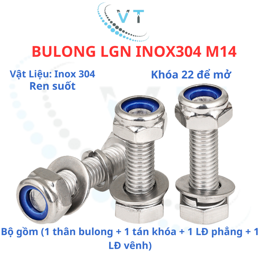 Bulong LGN inox304 M14 (vặn cờ lê 22) dài 30mm - 200mm. 1 bộ (1 bulong + 1 tán khóa +1 LĐ phẳng + 1 LĐ vênh)