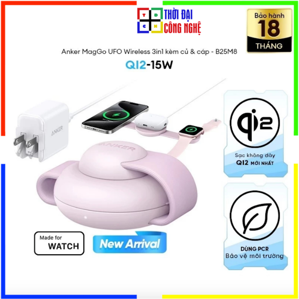 Đế sạc không dây Anker MagGo B25M8 UFO 1C 15W (3-in-1, Foldable Pad, Có Cóc sạc và dây C-C) - Bảo hành 18 tháng 1 đổi 1