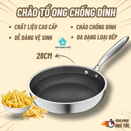 Chảo Chống Dính Inox 304 Sâu Lòng 28cm - Dùng Cho Mọi Loại Bếp Chất Liệu Cao Cấp