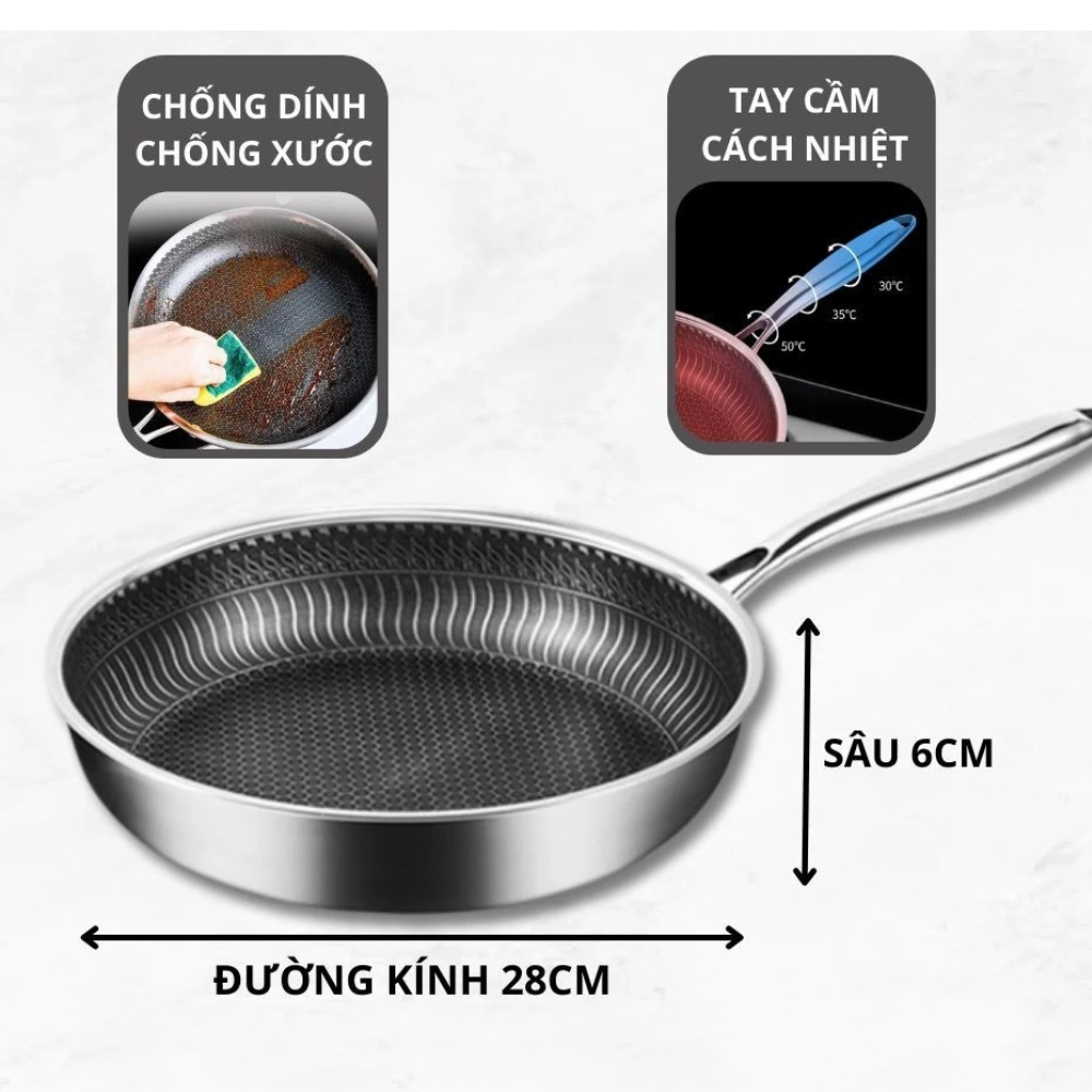 Chảo Chống Dính Inox 304 Sâu Lòng 28cm - Dùng Cho Mọi Loại Bếp Chất Liệu Cao Cấp