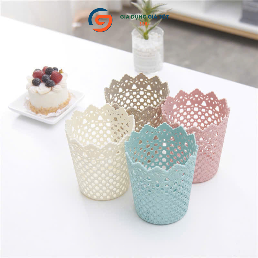Cốc nhựa hoa văn ren trang trí - sọt đựng giấy ăn, hoa quả, bánh kẹo, đồ trang điểm, đồ dùng bàn ăn
