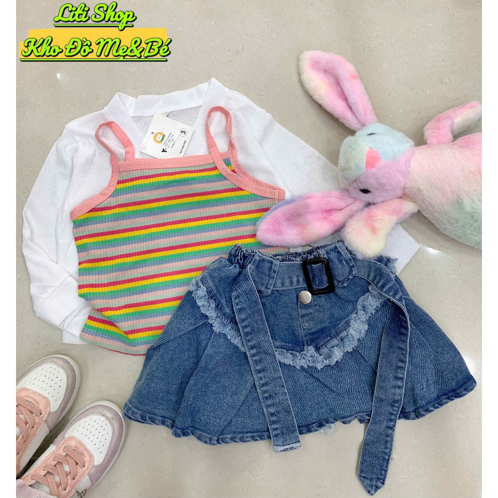 Set 3ct bé gái -Set váy Jean áo 2 dây gân kèm khoác choàng cho bé chơi ...