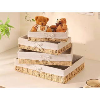 Giỏ mây gia dụng lưu trữ đồ để bàn, kèm vải bọc be trơn - phụ kiện trang trí - decor 90