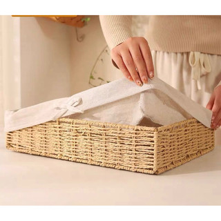 Giỏ mây gia dụng lưu trữ đồ để bàn, kèm vải bọc be trơn - phụ kiện trang trí - decor 90