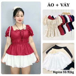 Set Áo Váy Bigsize Nữ Áo Peplum Vạt Xòe Dánh Babydoll Kèm Chân Váy Bí Cho Chubby 55-92kg A282-CV413