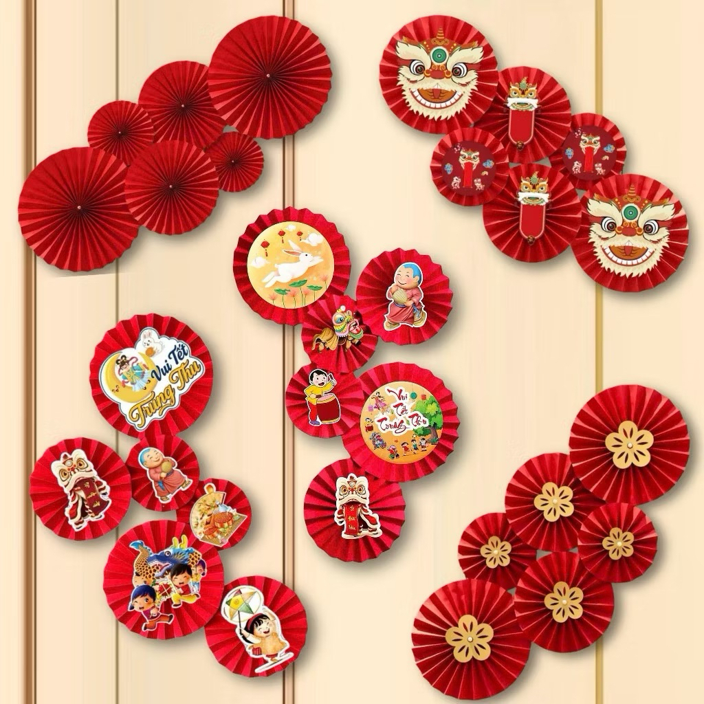 set6 quạt đính đá, quạt treo đầu lân trang trí tết….