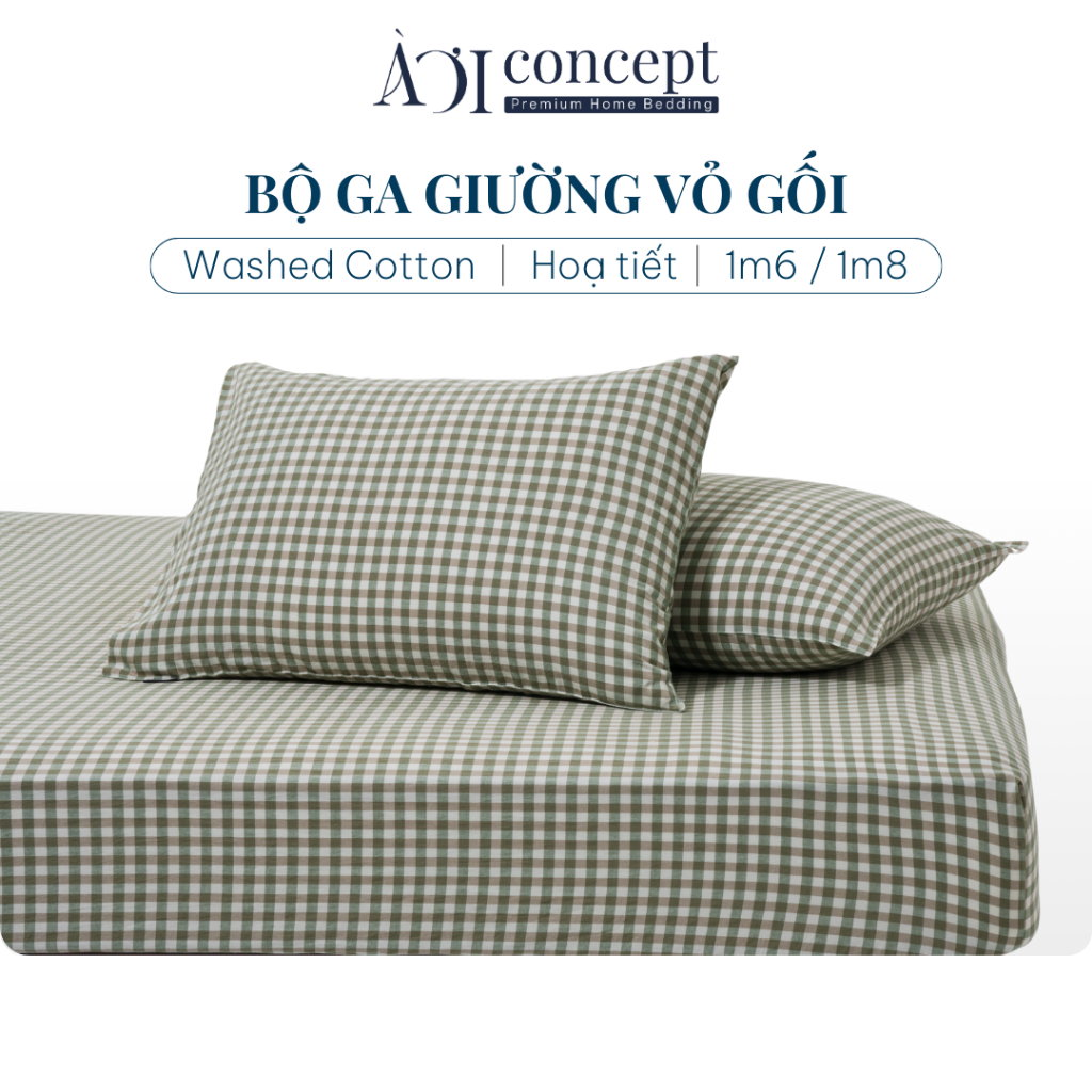 Bộ Ga Gối 3 Món Washed Cotton Bo Chun Cao Cấp AOICONCEPT Size 1m6x2m và 1m8x2m Nhiều Màu và Hoạ Tiết Home Bedding