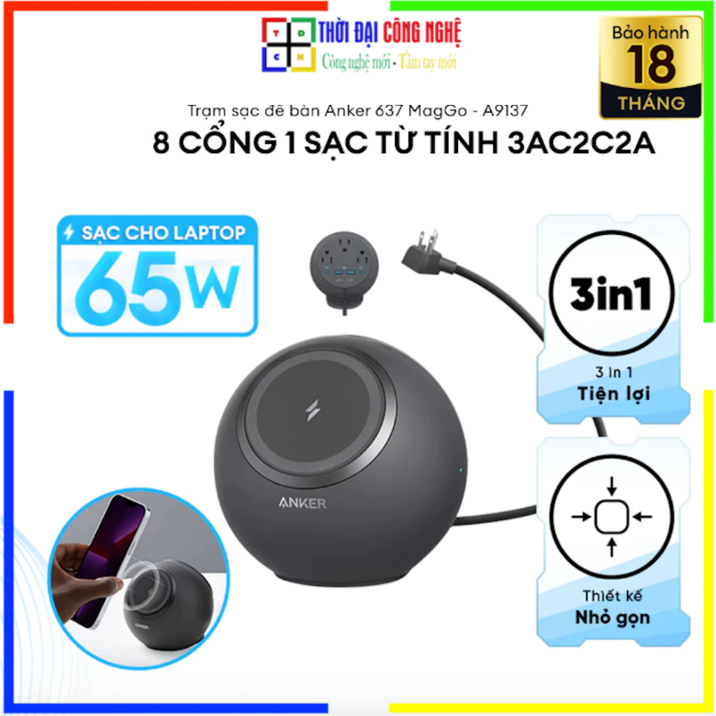 Trạm sạc để bàn Anker 637 MagGo A9137 65W 8in1 (1 sạc từ tính + 3  AC + 2 USB-A+ 2 USB-C). Bảo hành 18 tháng 1 đổi 1.